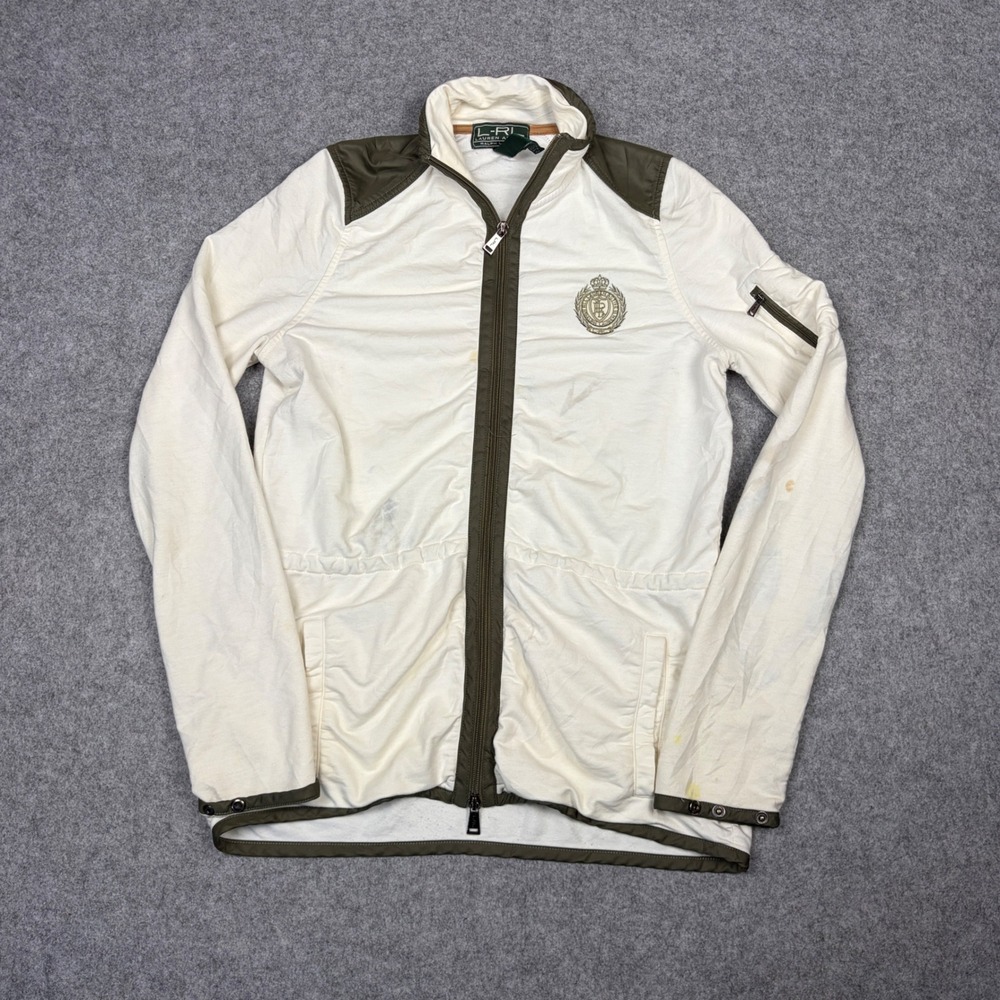 Lauren Ralph Lauren Active Womens Small Cream Olive Green Crest Zip Up Jacket